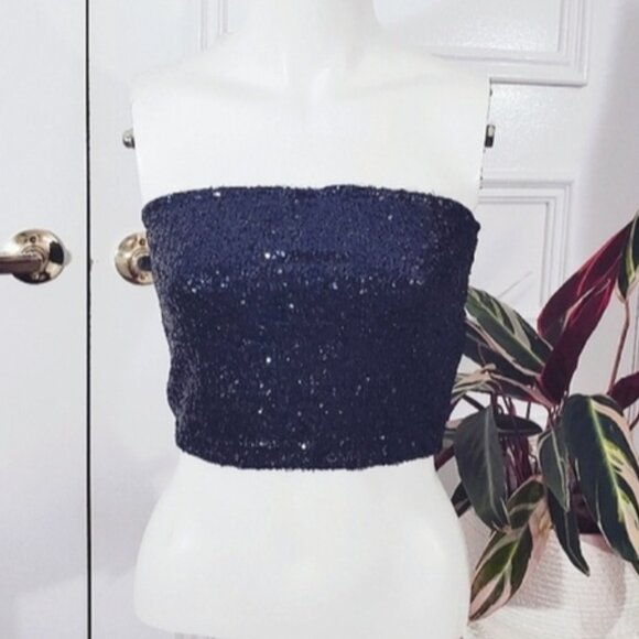 Vintage Sequin Indigo Blue Stretch Sequin Tube Top - Picture 1 of 10